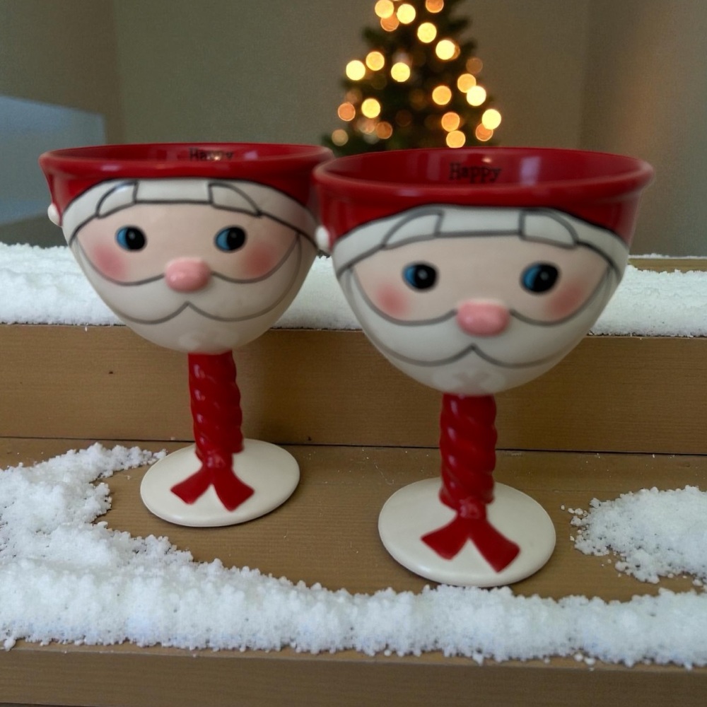 Grasslands Road Set Of Two Large Wine Goblet Glass Stemmed Santa Face Christmas